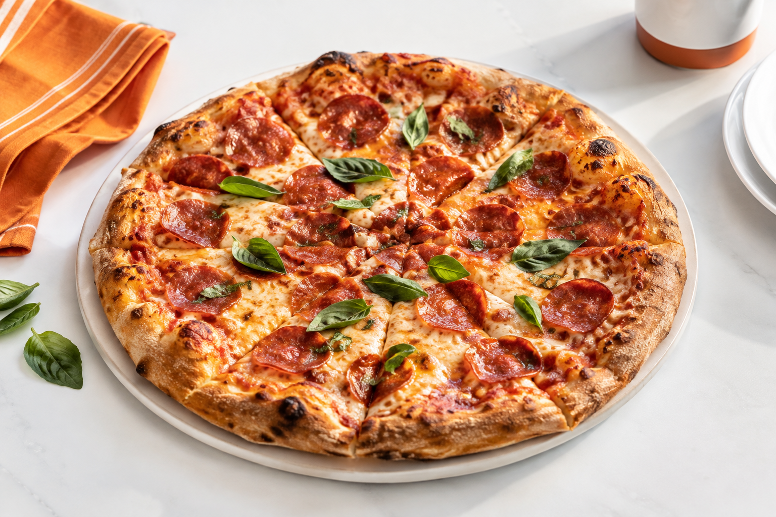Pepperoni and basil pizza ready to share